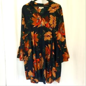 Umgee Floral Navy Blue High waist Wrap Style Shirt Dress Sheer Chenille Sz 1XL